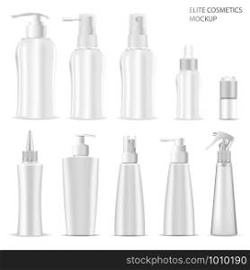 Cosmetic Product Package. White Plastic Bottle. 3d Vector Container Blank of Spray, Cream, Shampoo, Dispenser for Hair, Skin and Beauty Care Product. Liquid Soap Jar and Oil Dropper Mock Up Isolated. Cosmetic Product Package. White Plastic Bottle Set
