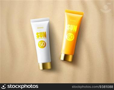 Cosmetic product package with UV protection on sandy beach background
