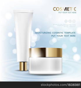 cosmetic product poster, bottle package design with moisturizer cream or liquid, sparkling background with glitter polka, vector design.