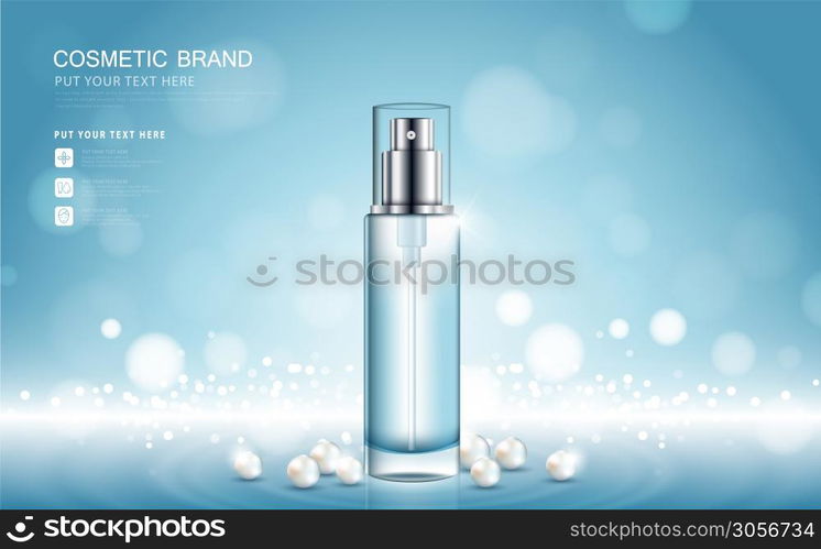 cosmetic product poster, bottle package design with moisturizer cream or liquid, sparkling background with glitter polka, vector design.