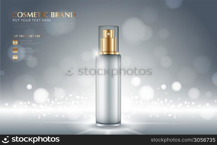 cosmetic product poster, bottle package design with moisturizer cream or liquid, sparkling background with glitter polka, vector design.