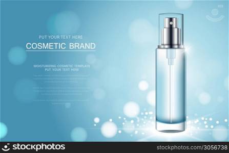 cosmetic product poster, bottle package design with moisturizer cream or liquid, sparkling background with glitter polka, vector design.