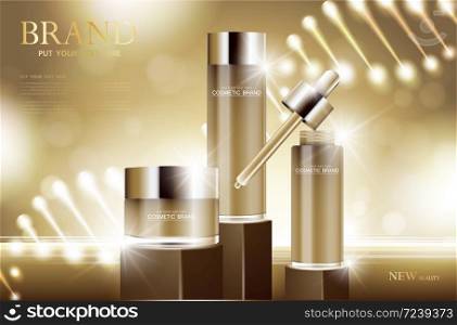 cosmetic product poster, bottle package design with moisturizer cream or liquid, sparkling background with glitter polka, vector design.