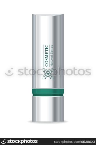 Cosmetic product vector illustration. Flat design. Shining metallic container for mascara and lipstick. For woman beauty concepts, cosmetic brand ad. Natural series of cosmetics. Isolated on white. Lipstick Vector Illustration in Flat Design. Lipstick Vector Illustration in Flat Design