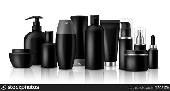 Cosmetic products. Black blank plastic containers and jar for luxury spray or cream isolated vector packaging mockup set. Cosmetic products. Black blank containers and jar for luxury spray or cream isolated vector packaging mockup set