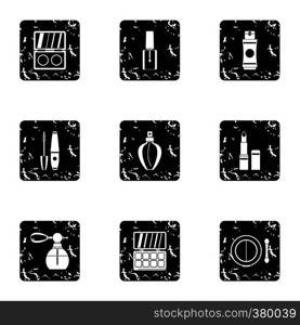 Cosmetic products icons set. Grunge illustration of 9 cosmetic products vector icons for web. Cosmetic products icons set, grunge style