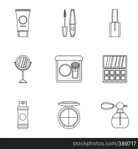Cosmetic products icons set. Outline illustration of 9 cosmetic products vector icons for web. Cosmetic products icons set, outline style