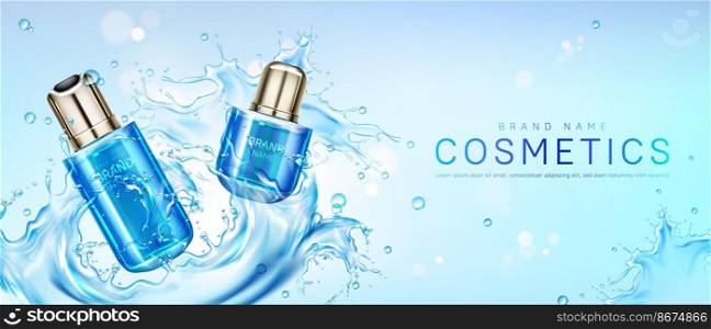 Cosmetic products in water splash. Vector realistic brand poster with skincare gel, cream, perfume or makeup cosmetics in glass bottles. Promo banner, advertising background. Cosmetic products in water splash