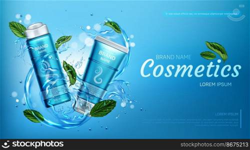Cosmetic products in water splash with mint leaves. Vector realistic brand poster with sh&oo and conditioner in blue tube for hair care. Promo banner, advertising background. Cosmetic products for hair care in water splash