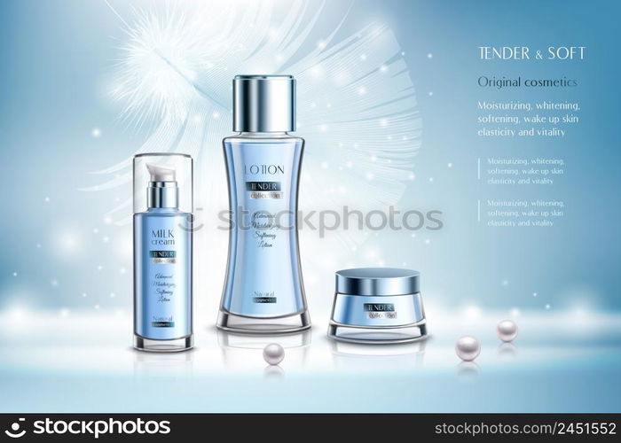 Cosmetic products including lotion, milk cream advertising composition on blue background with pearls and feather vector illustration. Cosmetic Products Advertising Composition