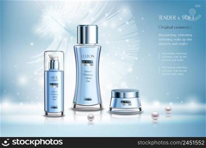 Cosmetic products including lotion, milk cream advertising composition on blue background with pearls and feather vector illustration. Cosmetic Products Advertising Composition
