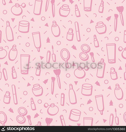 Cosmetic products seamless pattern. Cartoon make up background. Lipstick, mascara, perfume, eyeshadows. Makeup and beauty care template for shops in line style. Beauty vector illustration. Fashion. Cosmetic products seamless pattern. Cartoon make up background. Lipstick, mascara, perfume, eyeshadows. Makeup and beauty care template for shops in line style. Beauty vector illustration. Fashion.