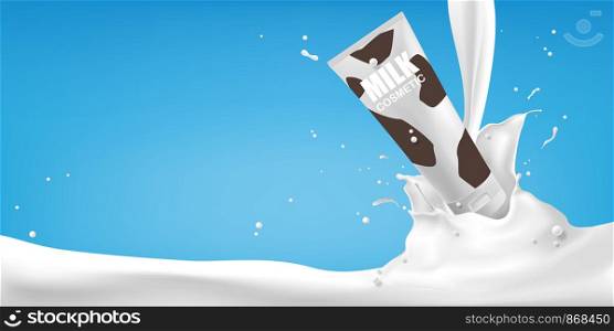 Cosmetic products with ripple milk background, milk-related concept for advertising products, vector illustration and design.