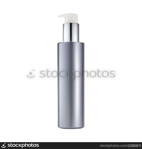 Cosmetic pump bottle mockup. Serum dispenser container. Face foundation lotion packaging, beauty product jar vector design. Pump dispenser sample for skin essence with spray lid. Cosmetic pump bottle mockup. Serum dispenser container