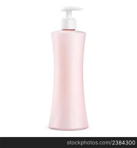 Cosmetic pump bottle mockup. Sh&oo dispenser container, beauty product vector illustration. Isolated liquid soap or gel product packaging s&le with batcher, hair care. Cosmetic pump bottle mockup. Sh&oo dispenser