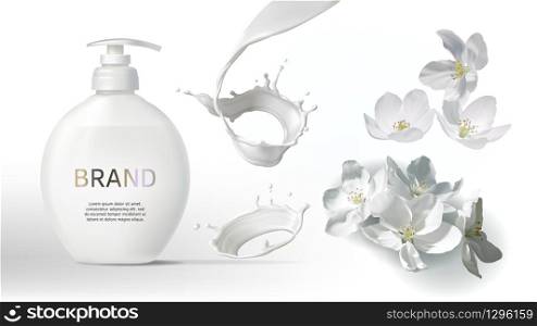 Cosmetic realistic vector background with cream or milk swirl, splash and jasmine flowers. Skin care cosmetics body lotion or liquid soap in white bottle with pump. Mock-up promo banner poster. Cosmetic realistic vector with milk swirl, jasmine