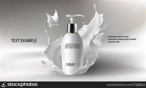 Cosmetic realistic vector background with cream. Skin care cosmetics, body lotion in white bottle with silver dispenser in milk splash, crown with flying butterfly. Mock-up promo banner, poster. Cosmetic realistic vector background with cream