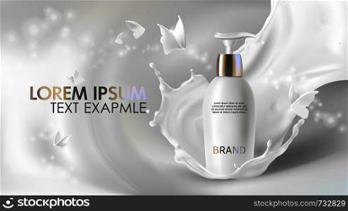 Cosmetic realistic vector shining background with cream. Skin care cosmetics body lotion in white bottle with silver dispenser in milk splash, crown with flying butterflies Mock-up promo banner poster. Cosmetic realistic vector background with cream