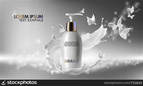 Cosmetic realistic vector shining background with cream. Skin care cosmetics body lotion in white bottle with silver dispenser in milk splash, swirl with flying butterflies Mock-up promo banner poster. Cosmetic realistic vector background with cream