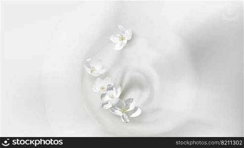 Cosmetic realistic vector white poster with cream or milk swirl, falling jasmine flower. Skin care natural or organic cosmetics concept, wavy liquid surface with whirlpool. Mock-up promo banner. Poster with pouring milk, falling jasmine flower
