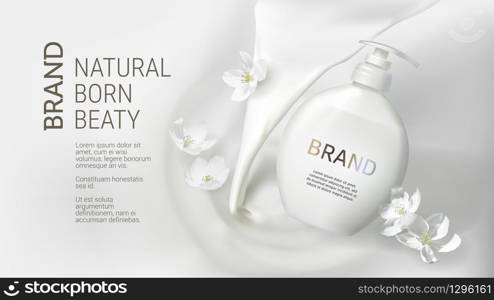 Cosmetic realistic vector white poster with cream or pouring milk and falling liquid jasmine soap pack. Skin care cosmetics, washing gel in white bottle on wavy liquid surface Mock-up promo banner. Cosmetic poster with pouring milk and jasmine soap