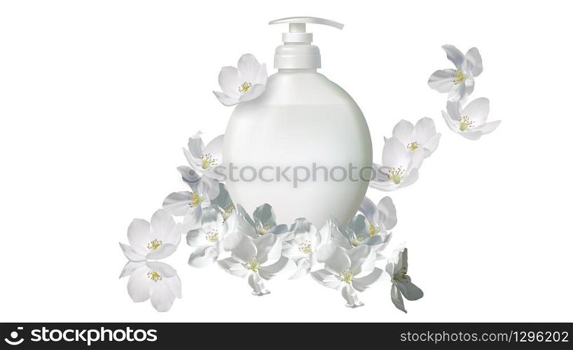 Cosmetic realistic white vector illustration with liquid soap packaging and falling jasmine flowers. Skin care cosmetics body lotion, washing gel or cleancer in white blank bottle with pump. Cosmetic realistic liquid soap with jasmine flower