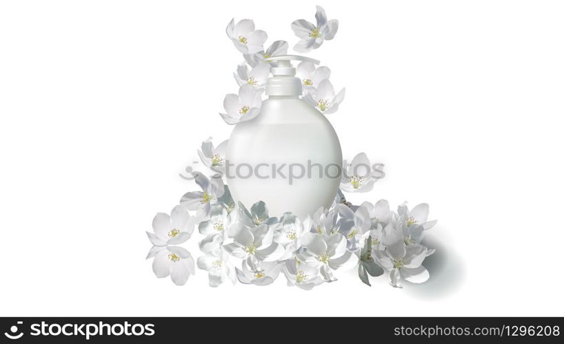 Cosmetic realistic white vector illustration with liquid soap packaging and falling jasmine flowers. Skin care cosmetics body lotion, washing gel or cleancer in white blank bottle with pump. Cosmetic realistic liquid soap with jasmine flower