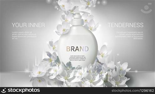 Cosmetic realistic white vector poster with liquid soap packaging and falling jasmine flowers. Skin care cosmetics body lotion, washing gel or cleancer in white bottle with pump. Mock-up promo banner. Cosmetic realistic poster with liquid jasmine soap