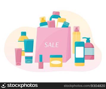 Cosmetic sale. Pile of cosmetics isolated. Beauty and skin care products in bag. Vector set of cream bottles, tubes, spray. Flat illustration.. Cosmetic sale. Pile of cosmetics isolated. Beauty and skin care products in bag. Vector set of cream bottles, tubes, spray. Flat illustration