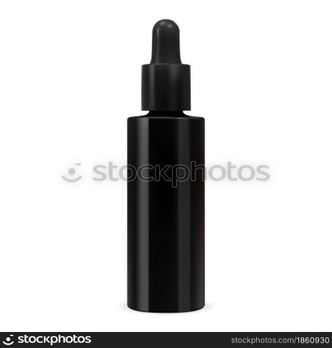 Cosmetic serum bottle. Black glass dropper pipette flask. Essential oil eyedropper container mockup. vector collagen flacon illustration, natural face treatment product, health medicine. Cosmetic serum bottle. Black glass dropper flask