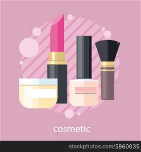 Cosmetic set flat design object. Beauty makeup, cosmetic products, cosmetics package, lipstick and perfume, spa fashion, brush product, glamour bottle, shampoo and powder illustration banner