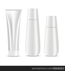 Cosmetic sh&oo bottle cream tube white vector blank. Isolated cosmetic package design template, plastic container set for bath product. Body moisturizer, liquid soap or milk, face mask illustration. Cosmetic sh&oo bottle cream tube vector blank