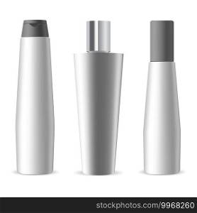 Cosmetic sh&oo bottle vector design mockup. Isolated plastic sh&oo tube template collection. Liquid lotion or soap container pack. Woman hair care moisturizer product. Realistic 3d bottle. Cosmetic sh&oo bottle mockup. Sh&oo package
