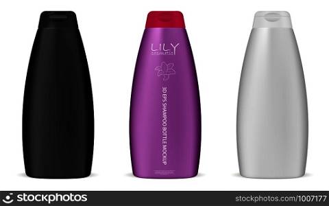 Cosmetic shampoo bottles mockup set. Black, white and color bottles with lids isolated on white background. 3d Vector package black for your design.. Cosmetic shampoo bottle mockup set. Black, white