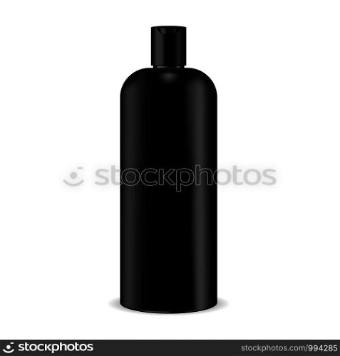 Cosmetic shampoo mockup bottle in black color isolated on white. Realistic 3d cosmetics package design. Vector illustration.. Cosmetic shampoo black bottle mockup. Vector