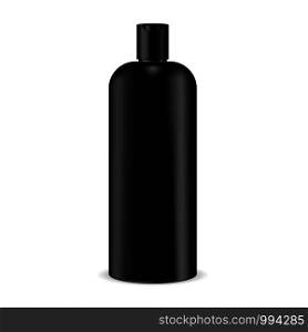 Cosmetic shampoo mockup bottle in black color isolated on white. Realistic 3d cosmetics package design. Vector illustration.. Cosmetic shampoo black bottle mockup. Vector