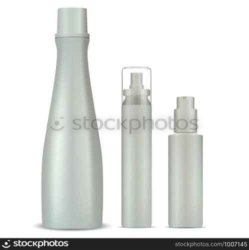 Cosmetic shampoo, sprayer and dispenser pump bottles mockup set. Cosmetic jars for gel, liquid, moisturizer, conditioner.Clean 3d Detalied vector illustration isolated on background.. Cosmetic shampoo, sprayer, dispenser pump bottle
