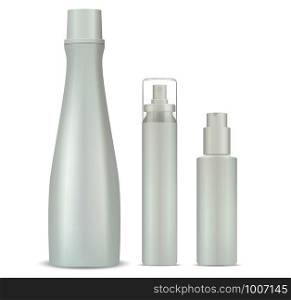 Cosmetic shampoo, sprayer and dispenser pump bottles mockup set. Cosmetic jars for gel, liquid, moisturizer, conditioner.Clean 3d Detalied vector illustration isolated on background.. Cosmetic shampoo, sprayer, dispenser pump bottle