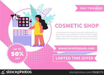 Cosmetic shop horizontal banner with editable advertising text discount and female character with beauty product images vector illustration
