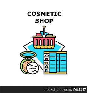 Cosmetic Shop Vector Icon Concept. Cosmetic Shop Selling Natural Skincare Cream And Lotion, Shampoo And Powder, Soap And Oil Essence, Perfume And Nail Polish. Cosmetology Store Color Illustration. Cosmetic Shop Vector Concept Color Illustration