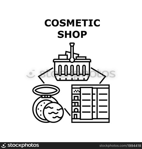 Cosmetic Shop Vector Icon Concept. Cosmetic Shop Selling Natural Skincare Cream And Lotion, Shampoo And Powder, Soap And Oil Essence, Perfume And Nail Polish. Cosmetology Store Black Illustration. Cosmetic Shop Vector Concept Black Illustration