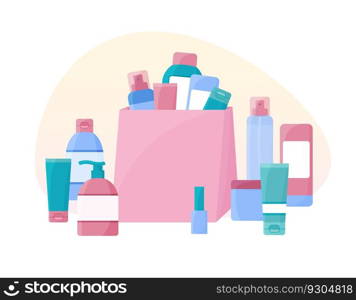 Cosmetic shopping. Pile of cosmetics isolated. Beauty and skin care products in bag. Vector set of cream bottles, tubes, spray. Flat illustration.. Cosmetic shopping. Pile of cosmetics isolated. Beauty and skin care products in bag. Vector set of cream bottles, tubes, spray. Flat illustration