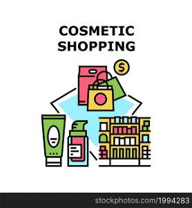Cosmetic Shopping Store Vector Icon Concept. Cosmetic Shopping Store. Customer Choosing Cream Or Lotion Package On Shop Counter Shelves And Purchasing. Sale Discount Color Illustration. Cosmetic Shopping Store Concept Color Illustration