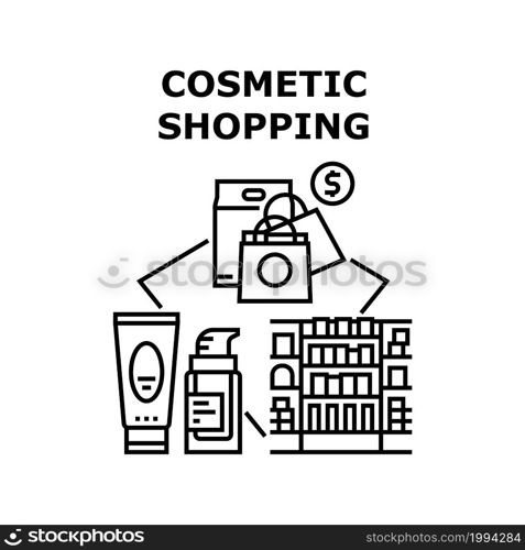 Cosmetic Shopping Store Vector Icon Concept. Cosmetic Shopping Store. Customer Choosing Cream Or Lotion Package On Shop Counter Shelves And Purchasing. Sale Discount Black Illustration. Cosmetic Shopping Store Concept Black Illustration