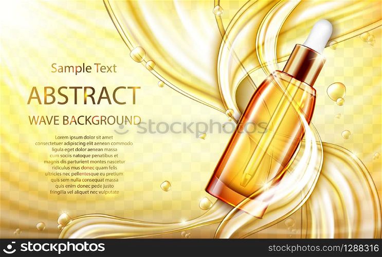 Cosmetic skin care oil or serum realistic vector poster. Glass pipette bottle with golden liquid, flowing streams or gold splashes flying drops on yellow transparent wavy background. Natural cosmetics. Cosmetic skin care oil or serum with splashes
