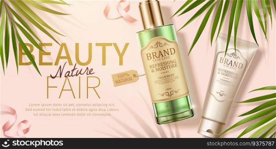 Cosmetic skincare ads with palm leaves and ribbons in 3d illustration. Cosmetic skincare ads