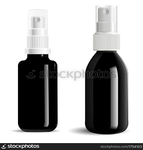 Cosmetic spray black bottle. Mist spray package isolated on background. Aerosol spray atomozer vial blank. Serum essencepump packaging. Realistic medical sprayer, face serum container. Cosmetic spray black bottle. Mist spray package