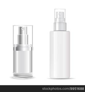 Cosmetic spray bottle. Transparent plastic package design mockup. Clear perfume bottle template. Atomizer pump glass container for skin care aerosol, liquid toner. Realistic acrylic packaging. Cosmetic spray bottle. Transparent plastic package