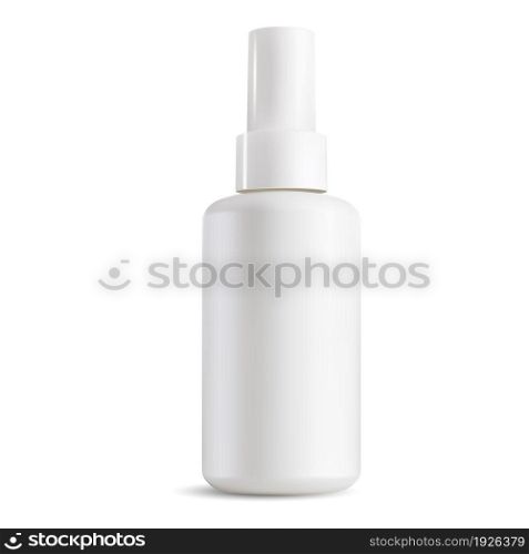 Cosmetic spray plastic bottle mockup, white blank template. Face care lotion aerosol tube. Mist dispenser package, small parfume fragrance. Aerosol cap bottle. Cosmetic spray plastic bottle mockup, white blank