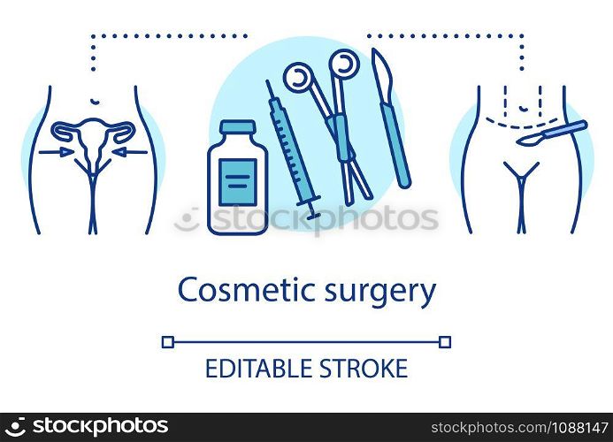 Cosmetic surgery concept icon. Medical equipment idea thin line illustration. Plastic surgical procedures. Aesthetic body. Healthcare, beauty. Vector isolated outline drawing. Editable stroke